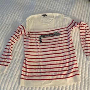 Thin Jcrew sweater, red ivory stripe with gray cat, super cute!